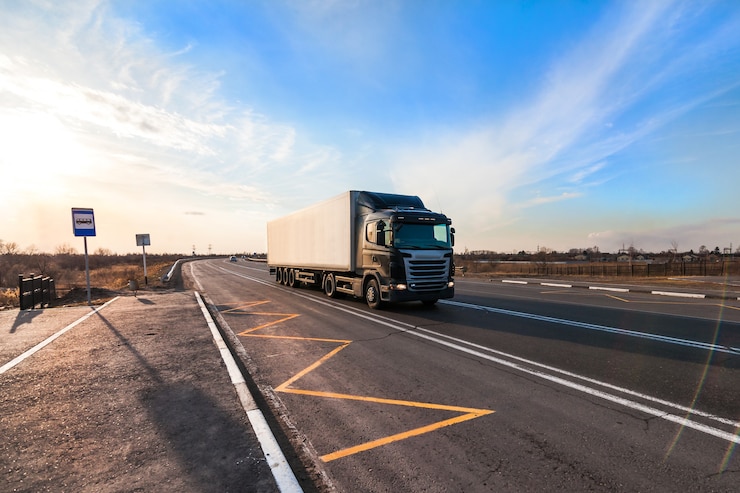 Foto black truck moving at city's suburb