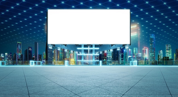 Blank billboard standing on rooftop with illuminated futuristic cityscape view at night