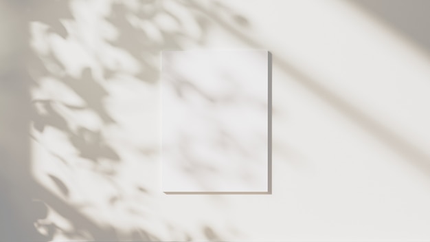 Blank vertical poster mock up with leaves shadows and sunlight on neutral white wall background, 3d illustration