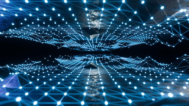 blue abstract background with a network grid and particles connectedScifi digital technology