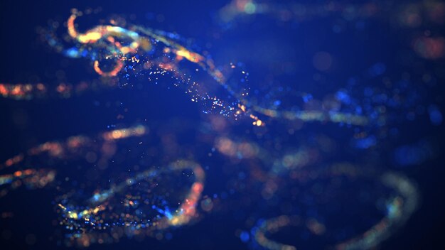 blue and golden particle stream digital data flow creative abstract background dynamic pattern with fluid simulation and light 3d render