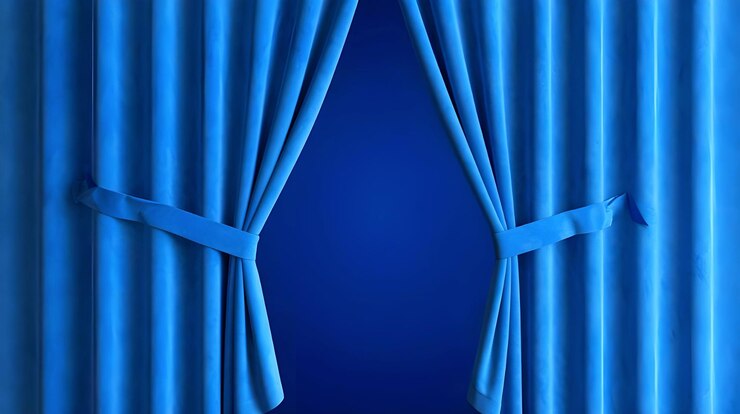 blue curtain with a tie on it that says  no