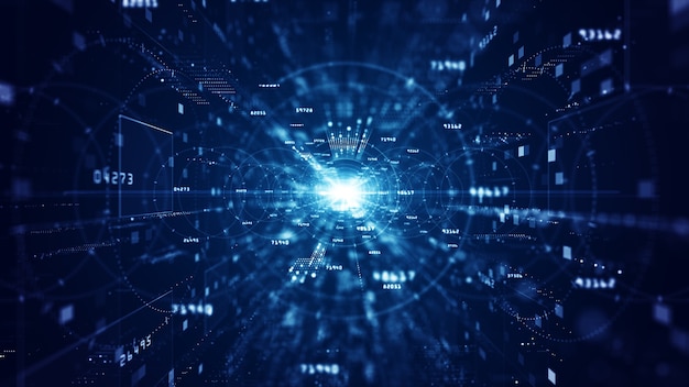 Blue digital cyberspace with particles and digital data network