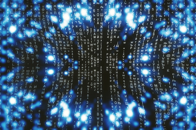 blue matrix digital . abstract cyberspace . characters fall down. matrix from symbols stream. virtual reality design. complex algorithm data hacking. cyan digital sparks.