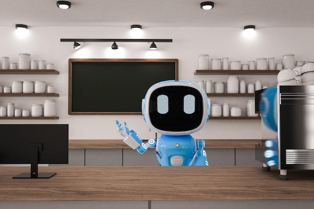 blue robotic assistant or artificial intelligence robot work in cafe