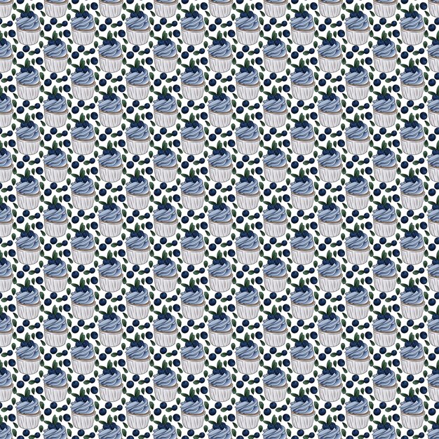 Blueberry cupcake watercolor pattern on white background
