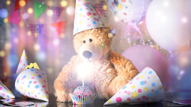 Blurred kids birthday party at home many holiday caps polka dot for friends and brown teddy bear