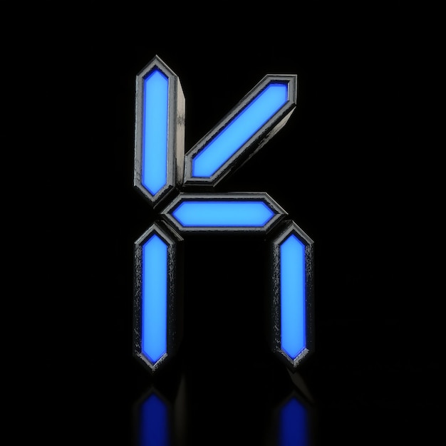 Bokstaven K Futuristisk blå neon LED digital skrift 3D-gjengivelse