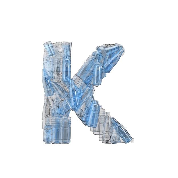 Bokstaven k laget av plastflasker, plastgjenvinningsfont, 3D-gjengivelse