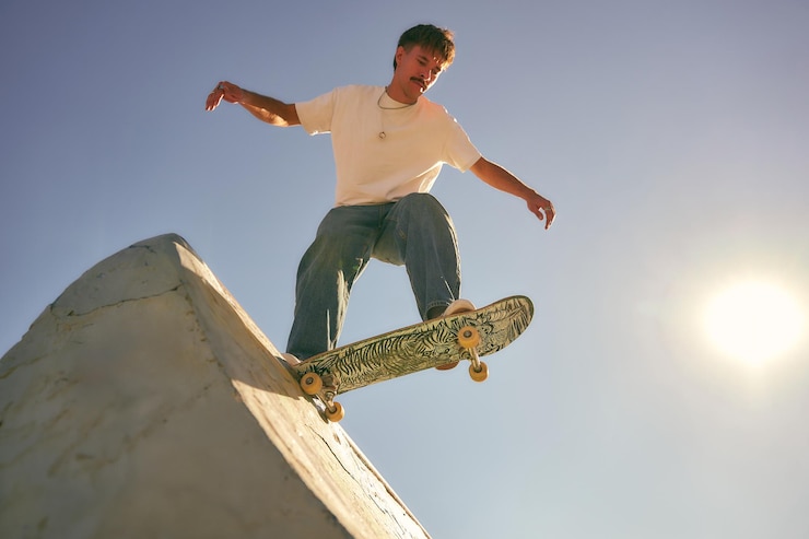 Foto bottom view of young man doing tricks on his skateboard at the skate park active sport concept