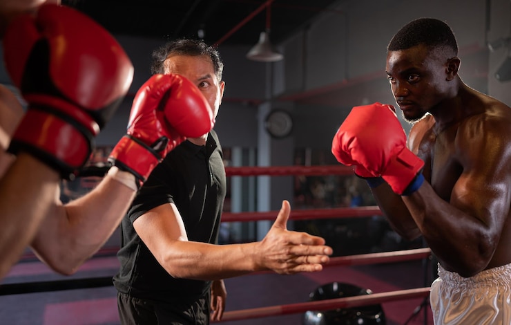 Foto boxing passion to fight with enemy while practicing with sand box vr machines