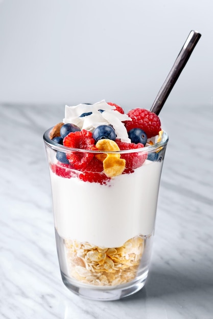 Breakfast in glass on table