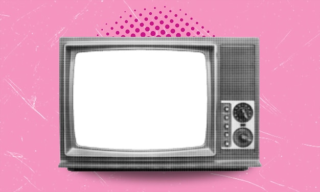 Breaking News Modern art collage retro tv isolated on pink background