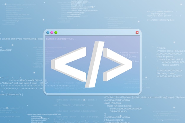 Browser window with programming icon and code elements on background 3d