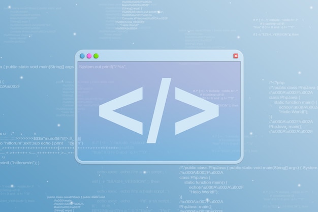 browser window with programming icon and code elements on background 3d