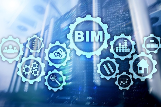 Building Information Modeling BIM on the virtual screen with a server data center background