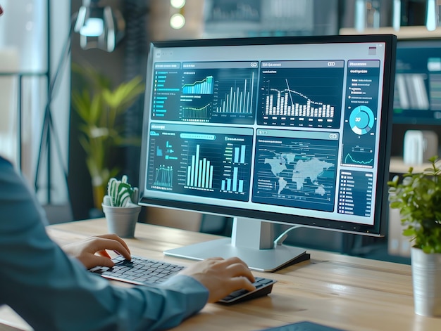 Business analysts analyzing data on PC Data analyzing business growth analysis stock market sales