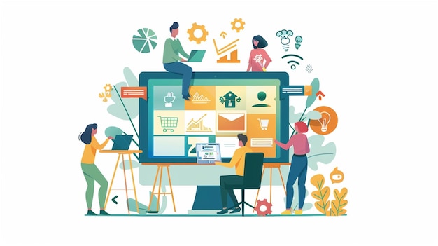 business desk with several people standing around it in the style of data visualization performan