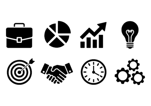business icons set with chart handshake briefcase clock target gears and light bulb
