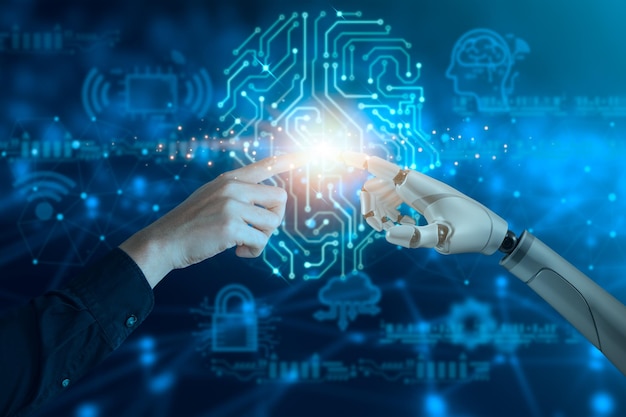 business man hand and robot hand pointing digital screen of ai icon artificial intelligencebig data technology futuristic concept