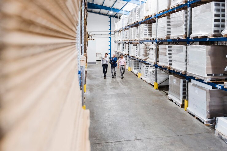 Foto business people meeting in company storehouse
