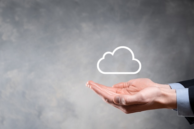 business woman holding icon cloud computing network and icon connection data information in hand.