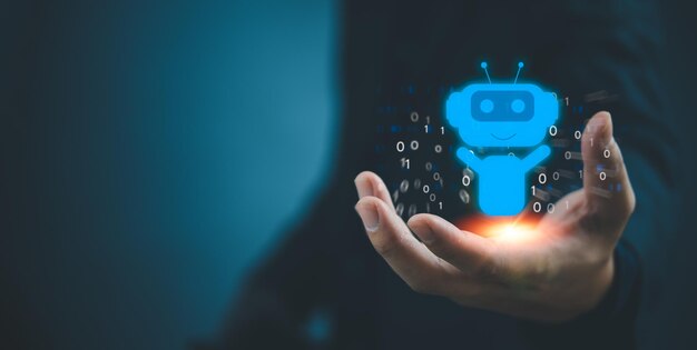 Businessman holding a light chatbot hologram intelligence AI Digital chatbot chatGPT robot applicationChat GPT chat with AI Artifice intelligent developers digital technology concept