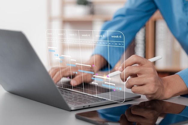 Businessman managing KPI dashboard table and connecting to database Financial organization strategy Management of planning software on interface screen