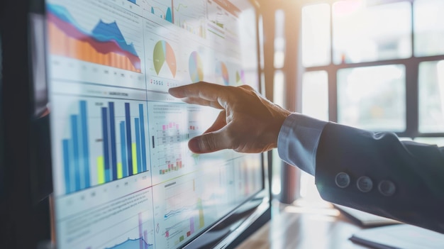 businessman pointing at financial graph on television screen
