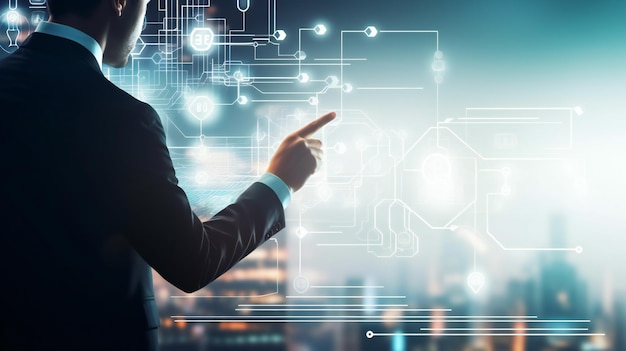 businessman pointing at his presentation on the futuristic