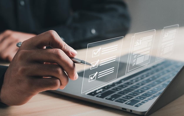 Businessman taking business questionnaire Questionnaire with checkboxes filling survey form online answer questions of test Survey form concept