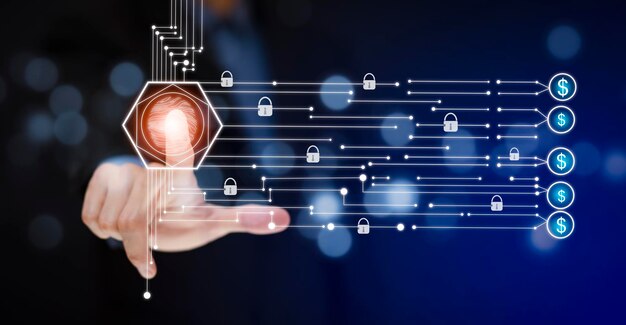 Businessman touch Big key Security to online Shopping in graph Screen Icon of a media screen,Technology Process System Business concept. online Shopping and Protection Hacker concept.