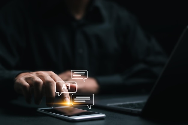 Businessman touch virtual AI chatbot communicate icon and answer questions Artificial intelligence solves problems and assists human decisionmaking for users AI chat technology concept