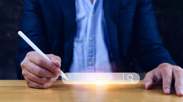 businessman touching data search box information technology search engine optimization uses a search box to search for information on the internet