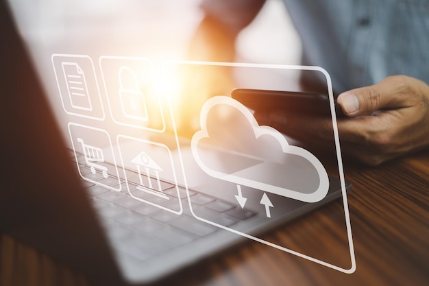 Businessman using computer login Cloud computing concept and Cloud computing security