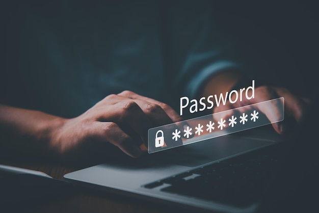 businessman using laptop computer password cyber security identity theft and cloud network system application information privacy internet online protection
