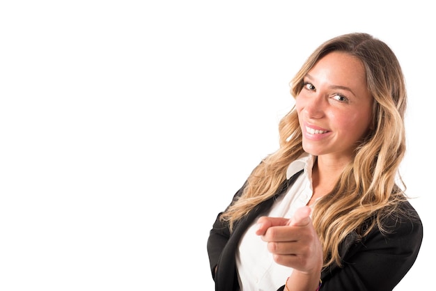 Businesswoman that indicates on the camera Concept of people recruitment