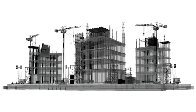 Bygningskonstruksjon planfasader arkitektonisk skisse 3D-rendering