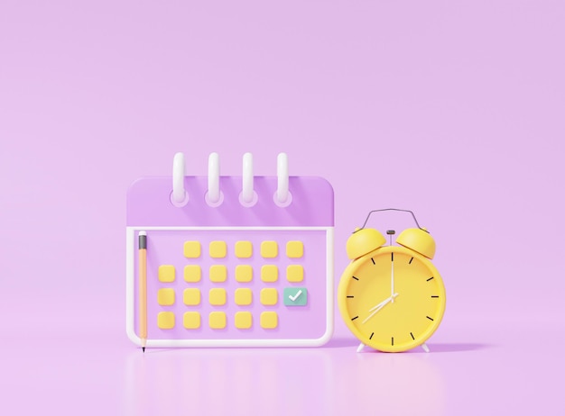 calendar icon symbol and alarm clock yellow minimal cartoon style design. day month year time marked pencil concept. on purple background. website banner. 3d rendering