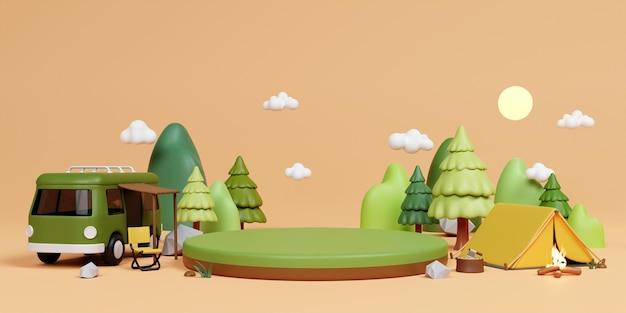 Camping setup 3D render illustration with van tent and nature