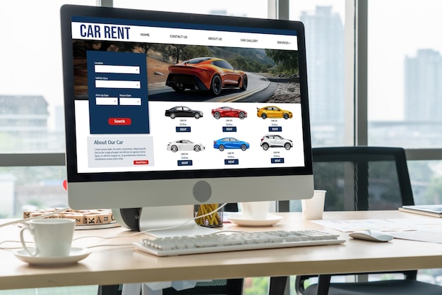 car rental website on computer screen for tourist to rent a car for snugly
