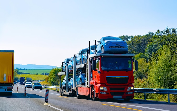 Foto cars carrier truck in road or highway of poland. lorry transporter at logistics work. trailer with cargo car drive. delivery for transport export industry. heavy hauler. haul vehicle. auto haulage.
