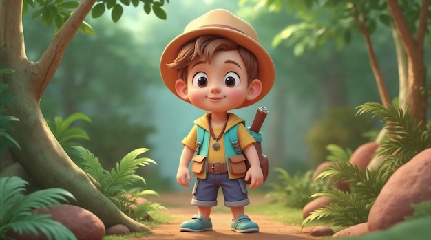 Cartoon Boy Explorer in the Forest