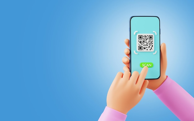 Cartoon holding smartphone for QR code scanning icon in smartphone QR code for payment 3D render