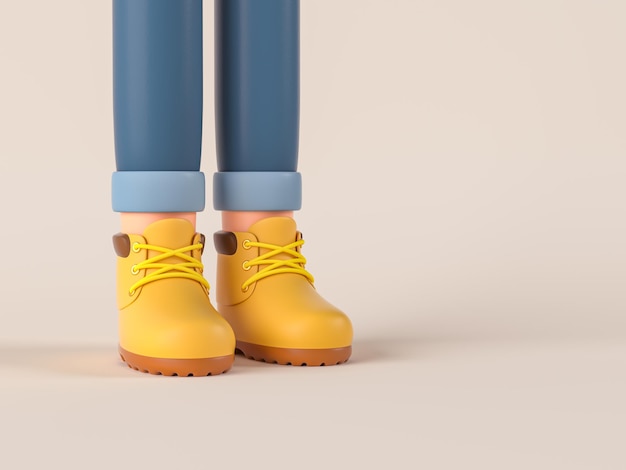 Cartoon Men in blue ripped jeans and yellow boots 3d render illustration