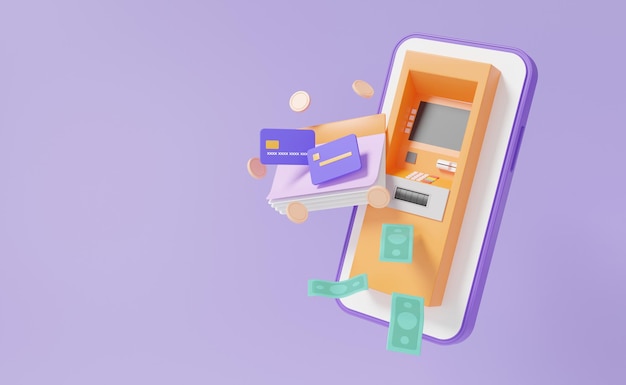 Cartoon minimal account app atm automatic deposit machine on smartphone coin 3d render illustration