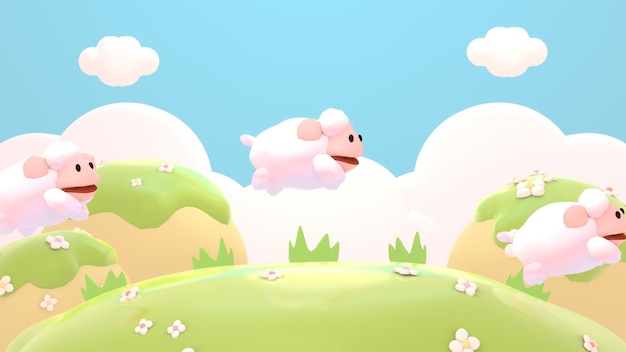cartoon sheep playing on the ground 3d rendered picture