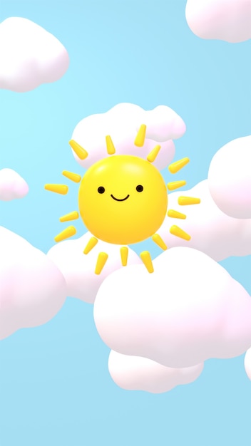 Cartoon smiling sun and white clouds in the blue sky 3d rendered picture vertical