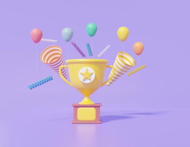 Celebrate champion 1st winner concept trophy cup and party popper colorful baloon floating on purple background cute smooth 3d render illustration