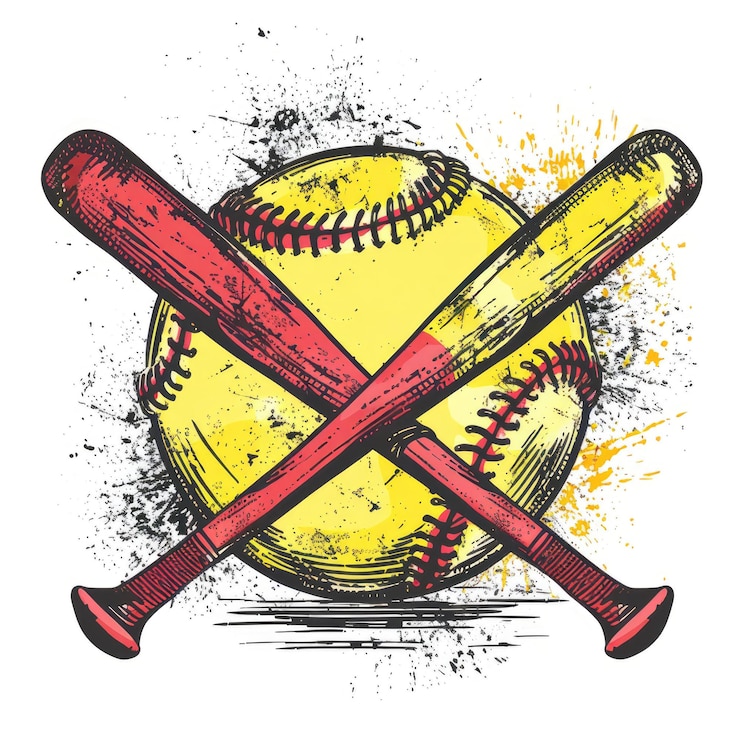 Foto championship ready handdrawn softball bats and ball in yellow and red perfect for american